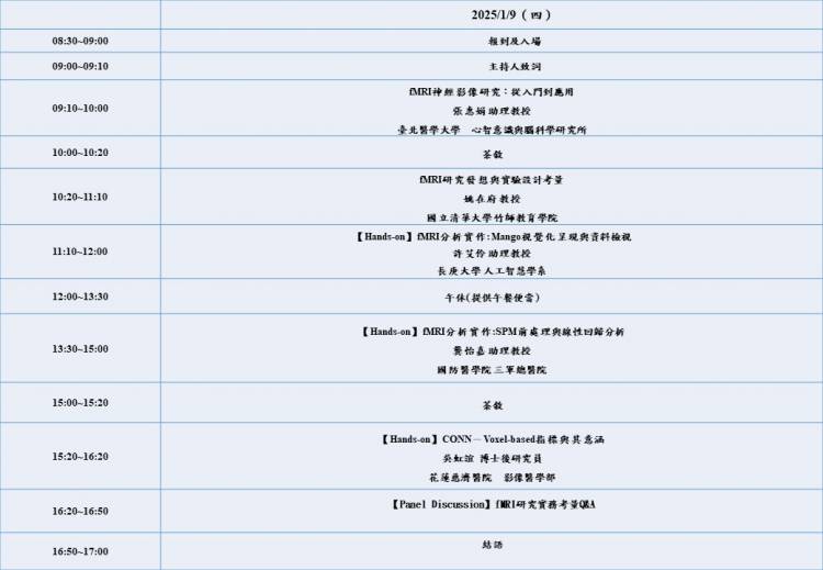 \\ 
\\ 
\\ 
\\ 


  * **   114年1月10日舉辦【 MEG教育講習課程 I】，即日起開放報名 ** \\ 
　 　　** http://mrimeg.psy.ntu.edu.tw/doku.php?id=news:20241204** \\

{{:meg課程表-1140110_v1.jpg?750|